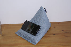 Cool Blue Techbed Mini iPhone X 8 7 6 5 Samsung S9 S8 S7 iPad Mini Kindle cushion stand pillow beanbag with Samsung S7 in landscape